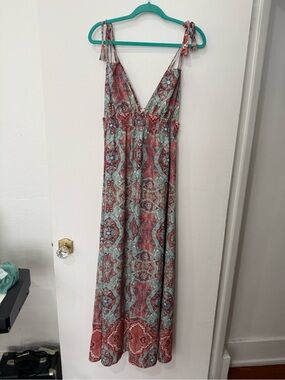 Bohemian Tie-Shoulder Maxi Dress in Rust & Teal